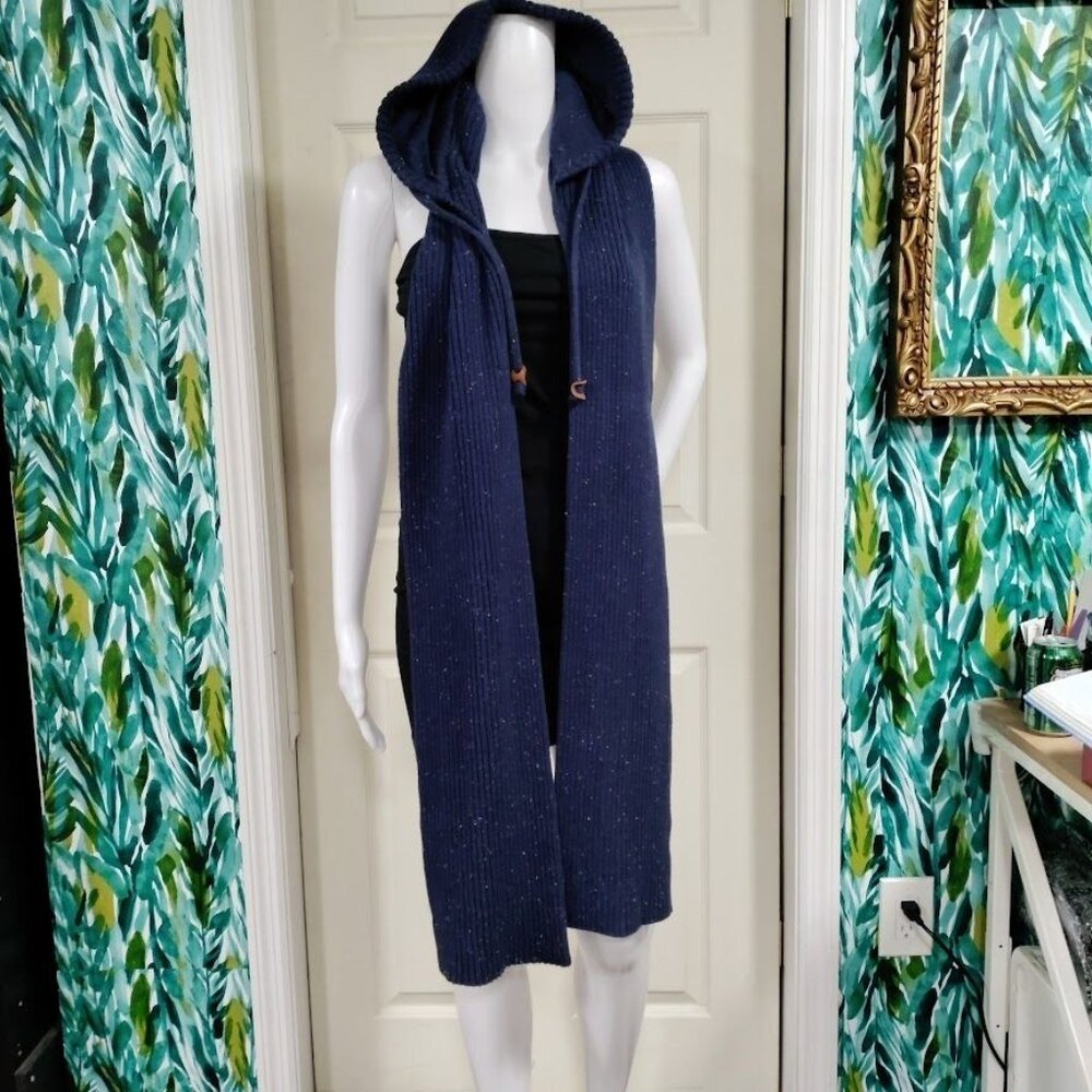 NWOT Le31 100% Cotton Knit H‎‎ooded Sc‎ar‎f Sha‎‎w‎l Navy Blue Men's One Size - Picture 2 of 11